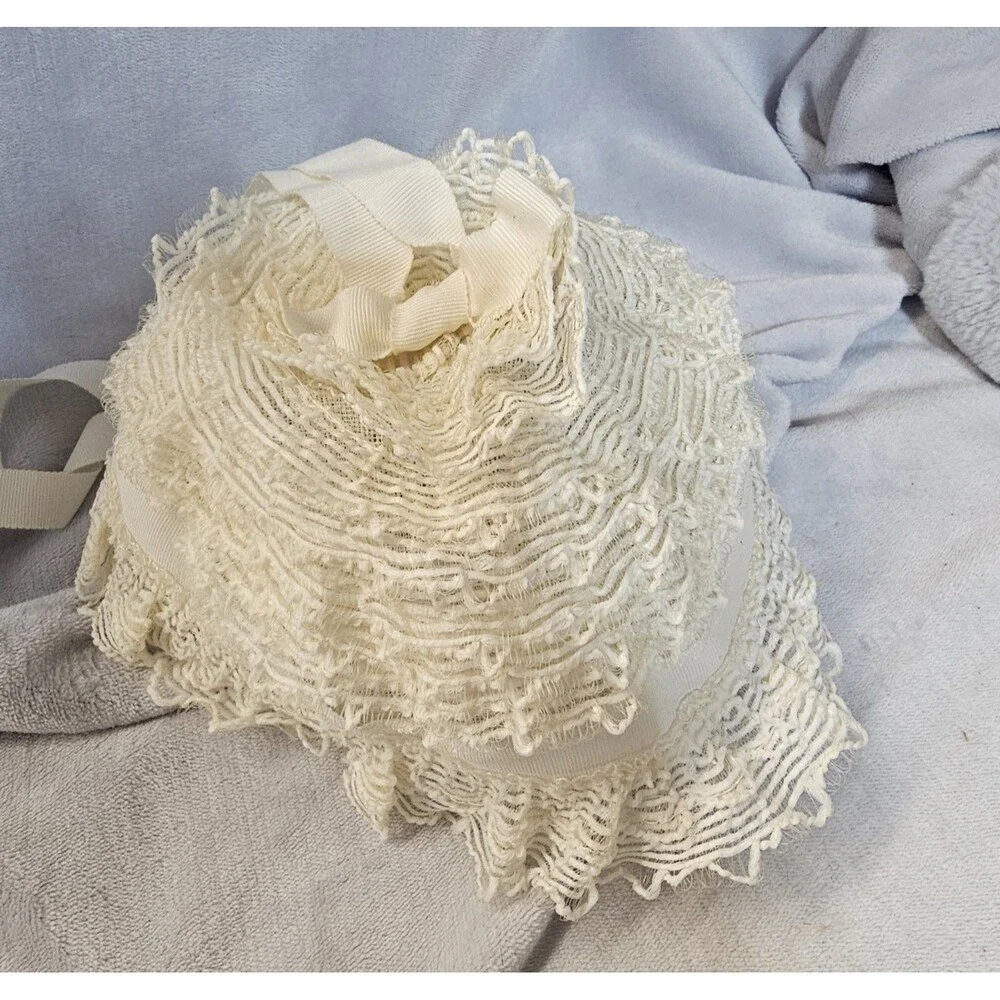 Vintage Baby Bonnet Lace Trim Ivory Christening Special Occasion